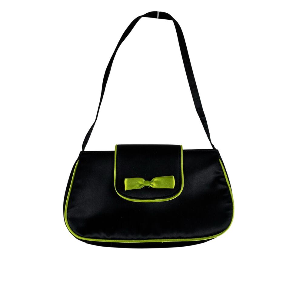 Vintage Satin Mini Purse Clutch Black&Chartreuse Green Prom Bow Ribbon Cocktail